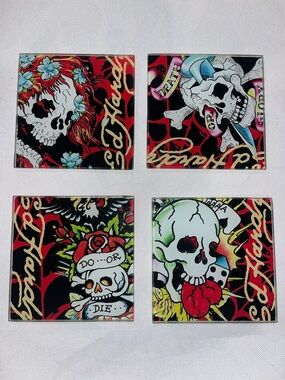 ED HARDY 4 piece glass coaster set with holder